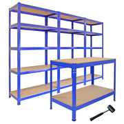 3 Scaffali T-Rax 90cm & Tavolo da Lavoro Q-Rax in Acciaio Senza Bulloni Blu