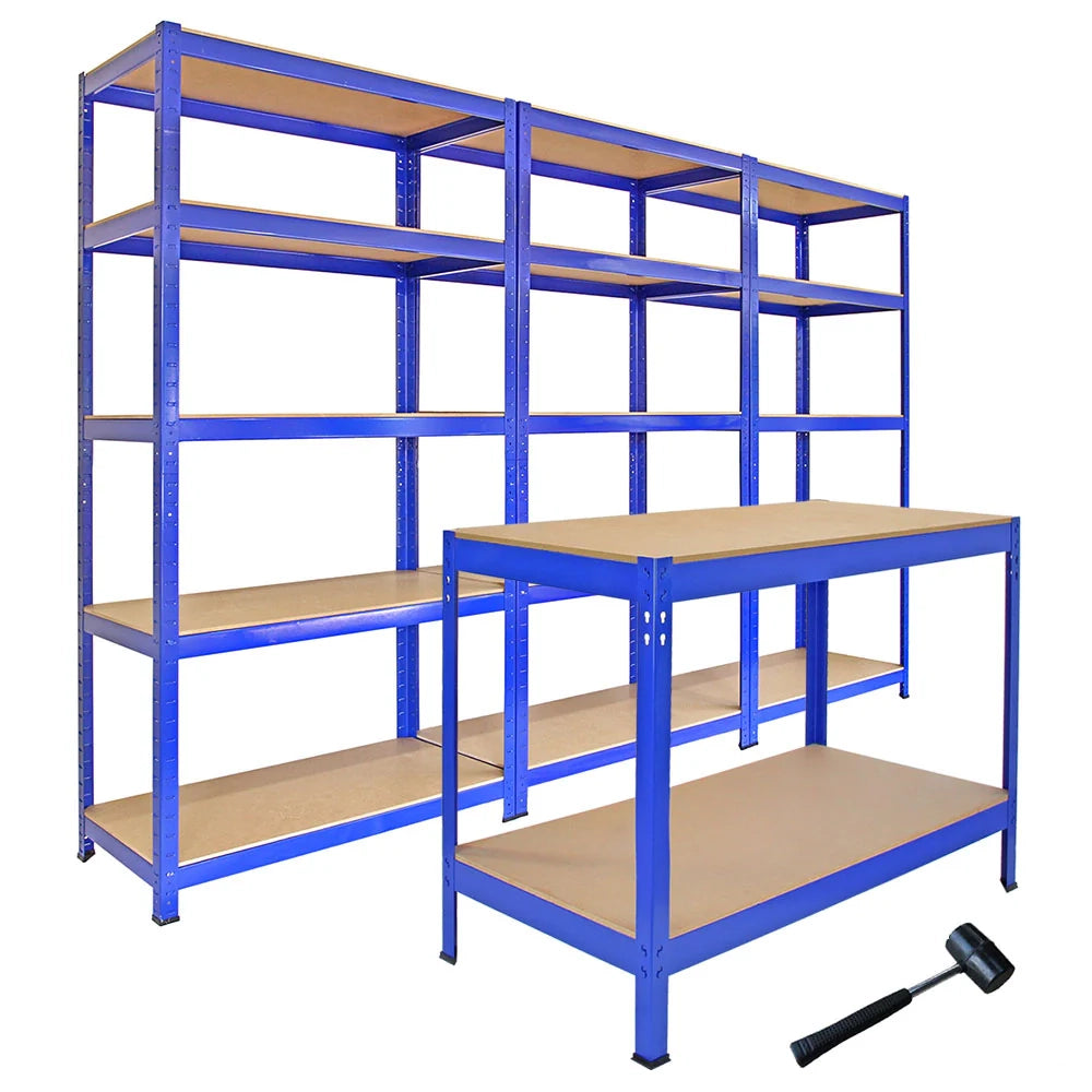 3 Scaffali T-Rax 90cm & Tavolo da Lavoro Q-Rax in Acciaio Senza Bulloni Blu