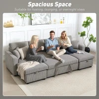 Divano Letto Moderno a U con 2 Chaise Longue e Vani Contenitore, Velluto a Coste, 282x140x86 cm, Grigio