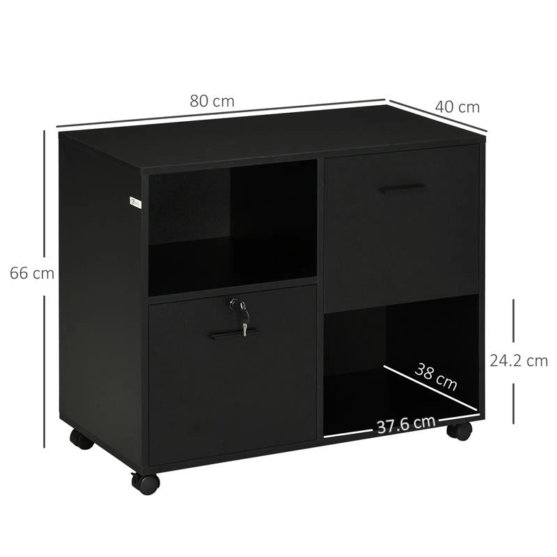 MOBILE DA UFFICIO CON 2 CASSETTI PORTA DOCUMENTI E RIPIANI, RUOTE CON BLOCCO, 80X40X66CM, NERO