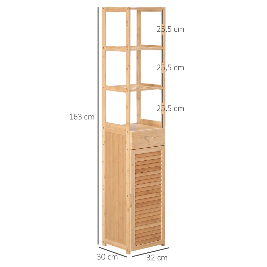 Mobile bagno in bambù con cassetto, tre ripiani aperti e vano chiuso, design slim 32 x 30 x 163 cm, colore legno naturale