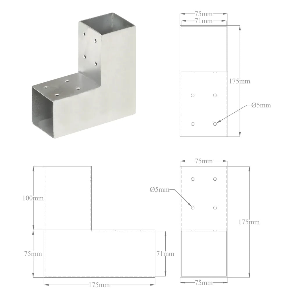 Connettore per Pali a Forma di L in Metallo Zincato 71x71 mm cod mxl 58111