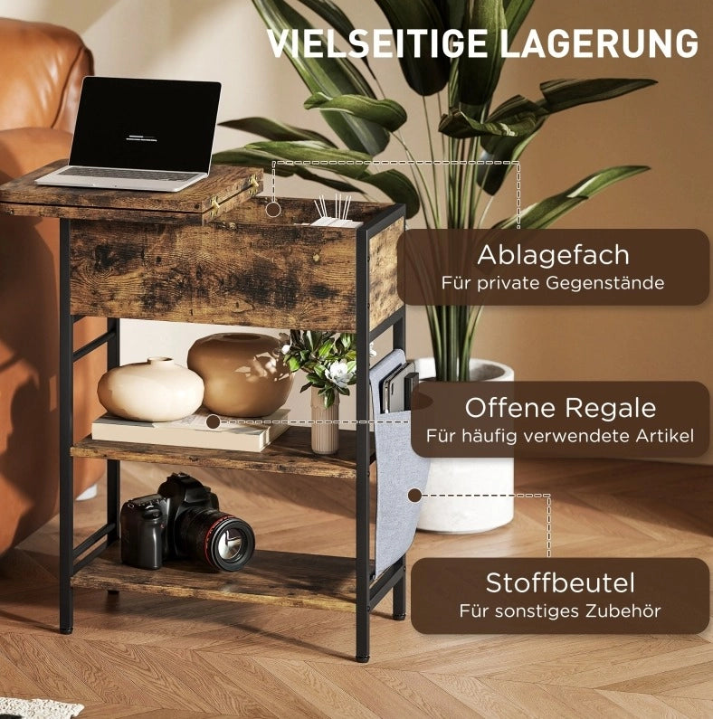 Tavolino con prese AC; USB e USB-C; 2 ripiani e vano con coperchio; 60 x 29;8 x 58;5 cm; marrone rustico