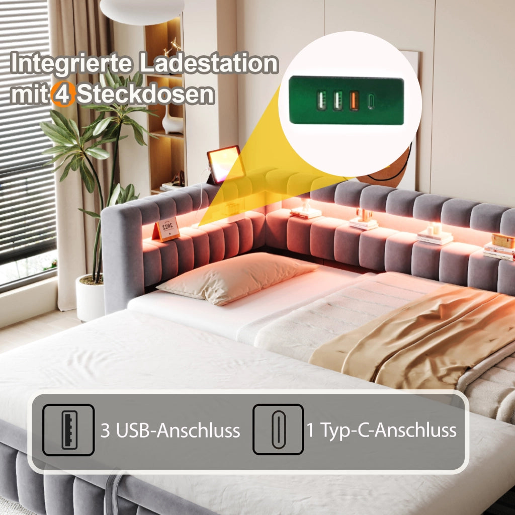 OKWISH Letto a Scomparsa 90×200 cm, Letto Singolo con Letto Estraibile, USB, Type C, LED Regolabile e Vani, senza Materasso, Grigio