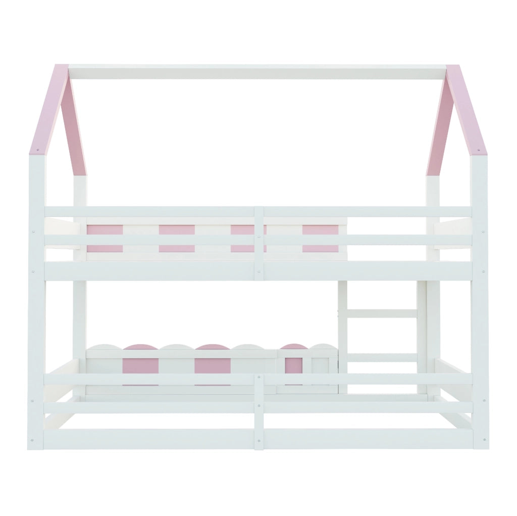 Letto a castello ULEVR 90x200 cm a forma di casa con scala e sponde di sicurezza, rosa e bianco