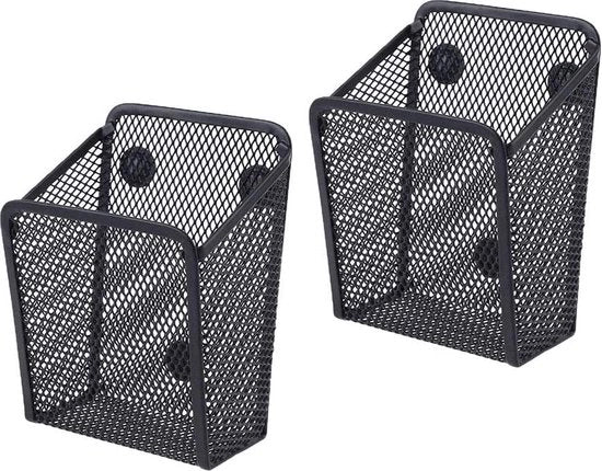 Due contenitori di archiviazione magnetici, rastrelliere metalliche magnetiche con rete quadrata nera per frigorifero, accessori di archiviazione per locker, organizzatore per materiali da ufficio (A)