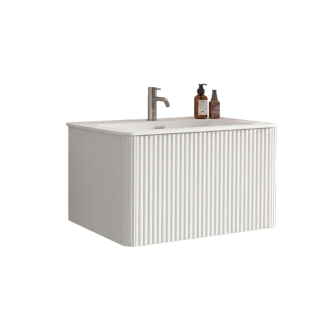 Mobile bagno sospeso 80 cm con lavabo, design scanalato, bianco, preassemblato