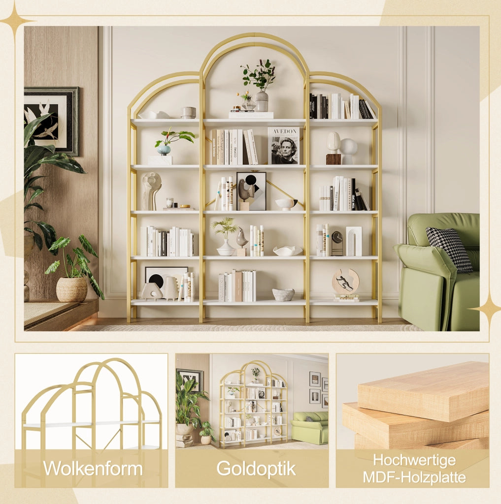 Mobiletto 170x26x190 cm in Acciaio e MDF con 5 Ripiani, Design Nuvola, Colori Oro e Bianco