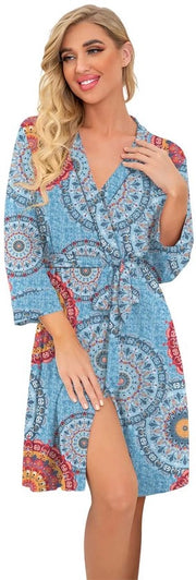 Kimono da donna con collo V, abito da notte leggero, kimono per viaggio, abito da sauna corto (Stampa fiorale blu misto, L)