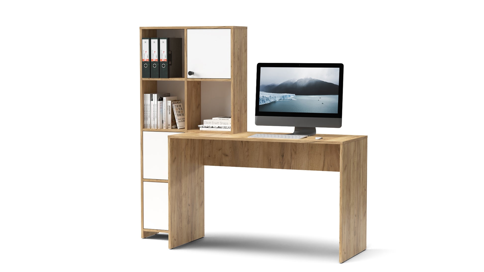 Mobile scrivania con libreria e sportelli mod. HALK cm 156x55x147 rovere bianco