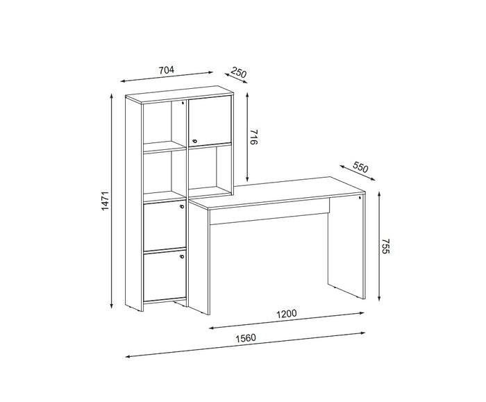 Mobile scrivania con libreria e sportelli mod. HALK cm 156x55x147 rovere bianco
