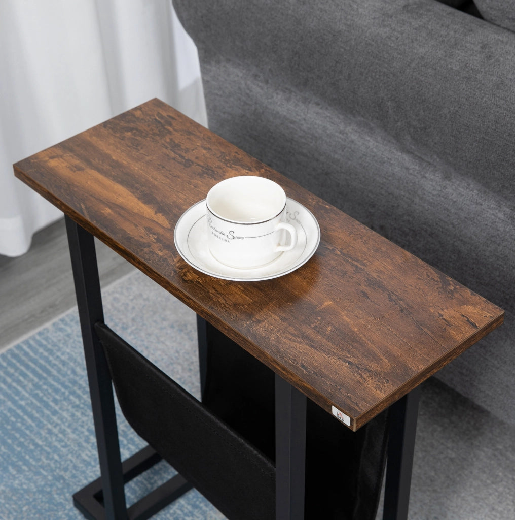 Tavolino laterale 49x19x55 cm con tasca portaoggetti; struttura in acciaio; poliestere marrone scuro
