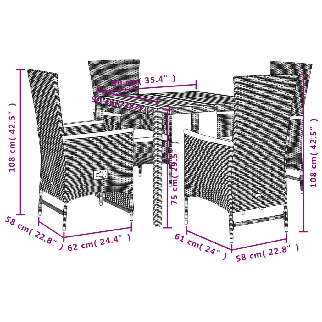 Set da Pranzo da Giardino 5 pz Nero con Cuscini in Polyrattan 3277507