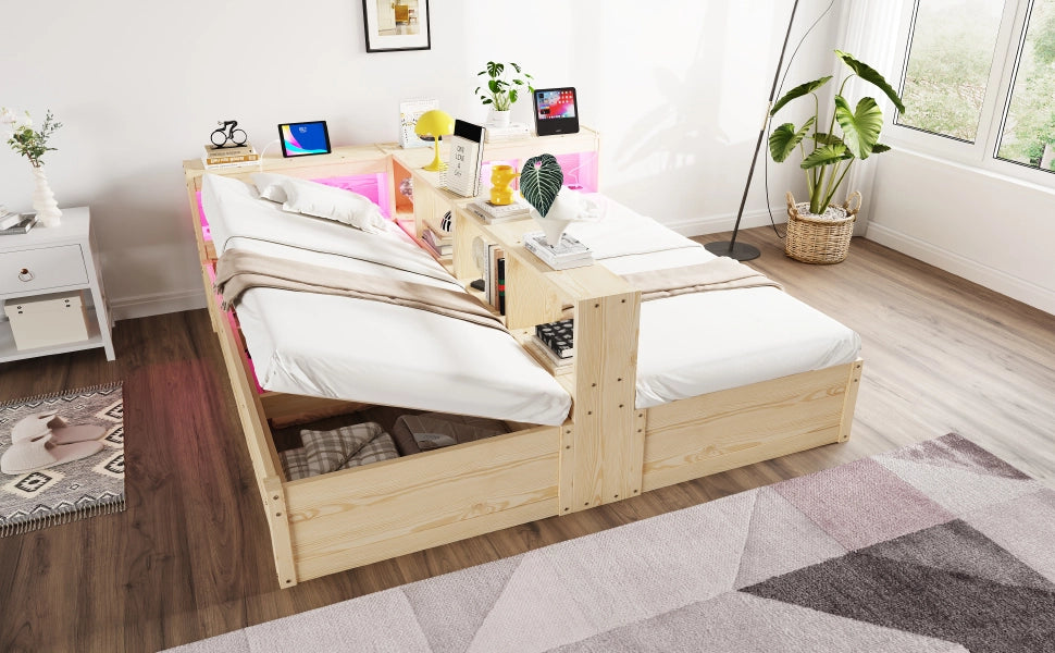 DESMIU Letto estraibile 90 × 200 cm 2 posti con prese, LED, vani contenitore e box idraulico, senza materasso, legno