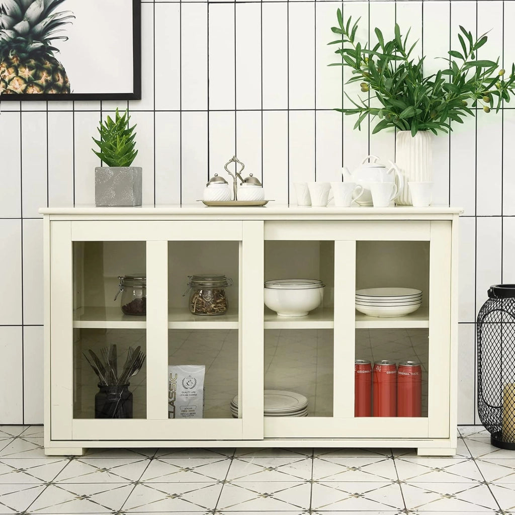 Credenza e Buffet Multiuso, a 3 Ripiani, Mensola Regolabile, 2 Ante Scorrevoli Trasparenti, Mobiletto Legno per Cucina, Soggiorno, Sala da Pranzo, 106,5x33x62,5 cm,Bianco Crema(Beige)