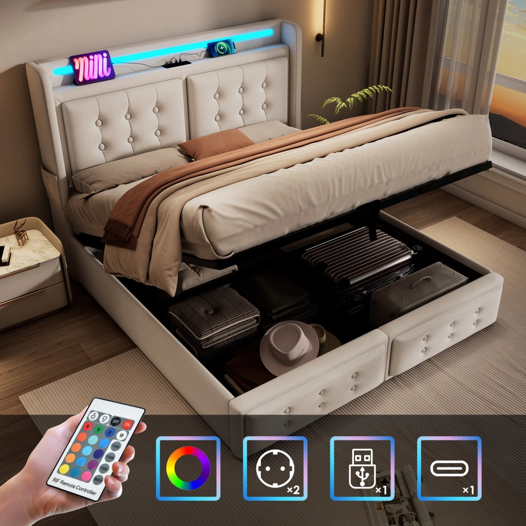 Letto Contenitore 180 x 200 cm; Letto Matrimoniale con USB; Type-C; LED e Mensola; senza Materasso; Beige