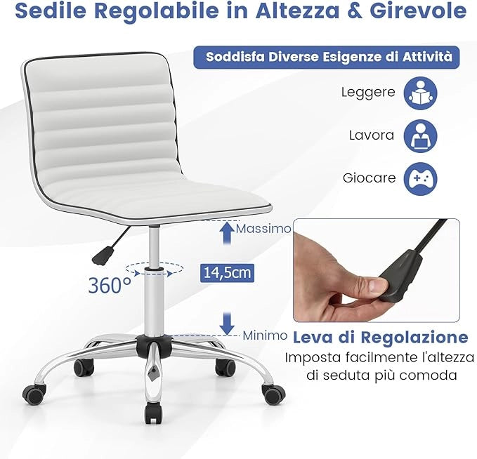 Sedia da Lavoro, Sedia da Ufficio Altezza Regolabile con Sedile Girevole e Ruote Universali, per Scrivania Imbottita, per Conferenze Senza Braccioli, Portata 150 kg