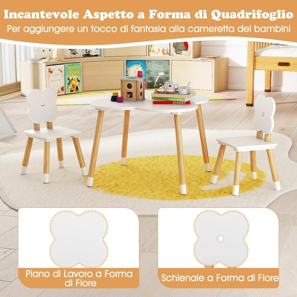 Set Tavolo per Bambini a Forma di Fiore, Tavolino e Sedia in Legno con 2 Sedie e Gambe in Legno di Pino Solido, Tavolino Bambini 3+ Anni per Disegno, Arte e Studio (Bianco)