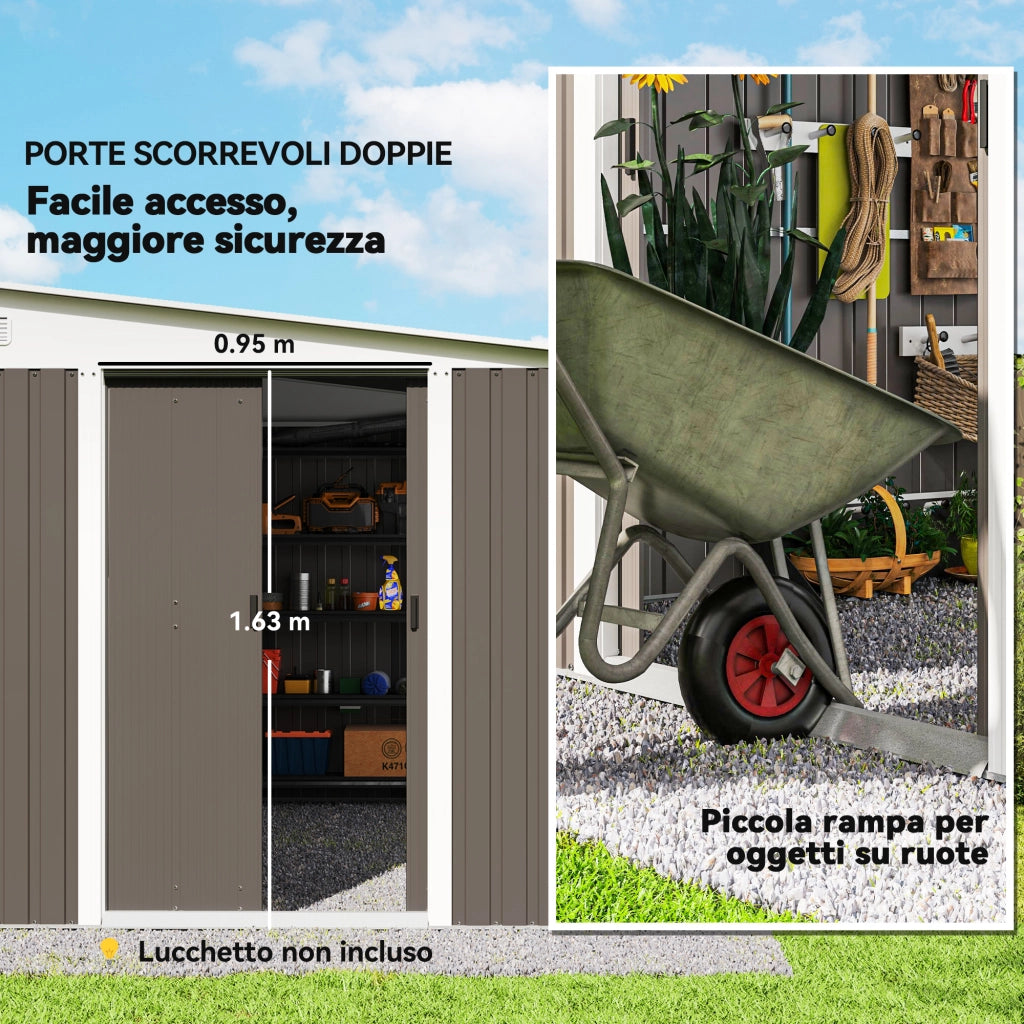 Casetta da Giardino con Porta Scorrevole. in Acciaio. 345x280.5x169-201cm. Grigio