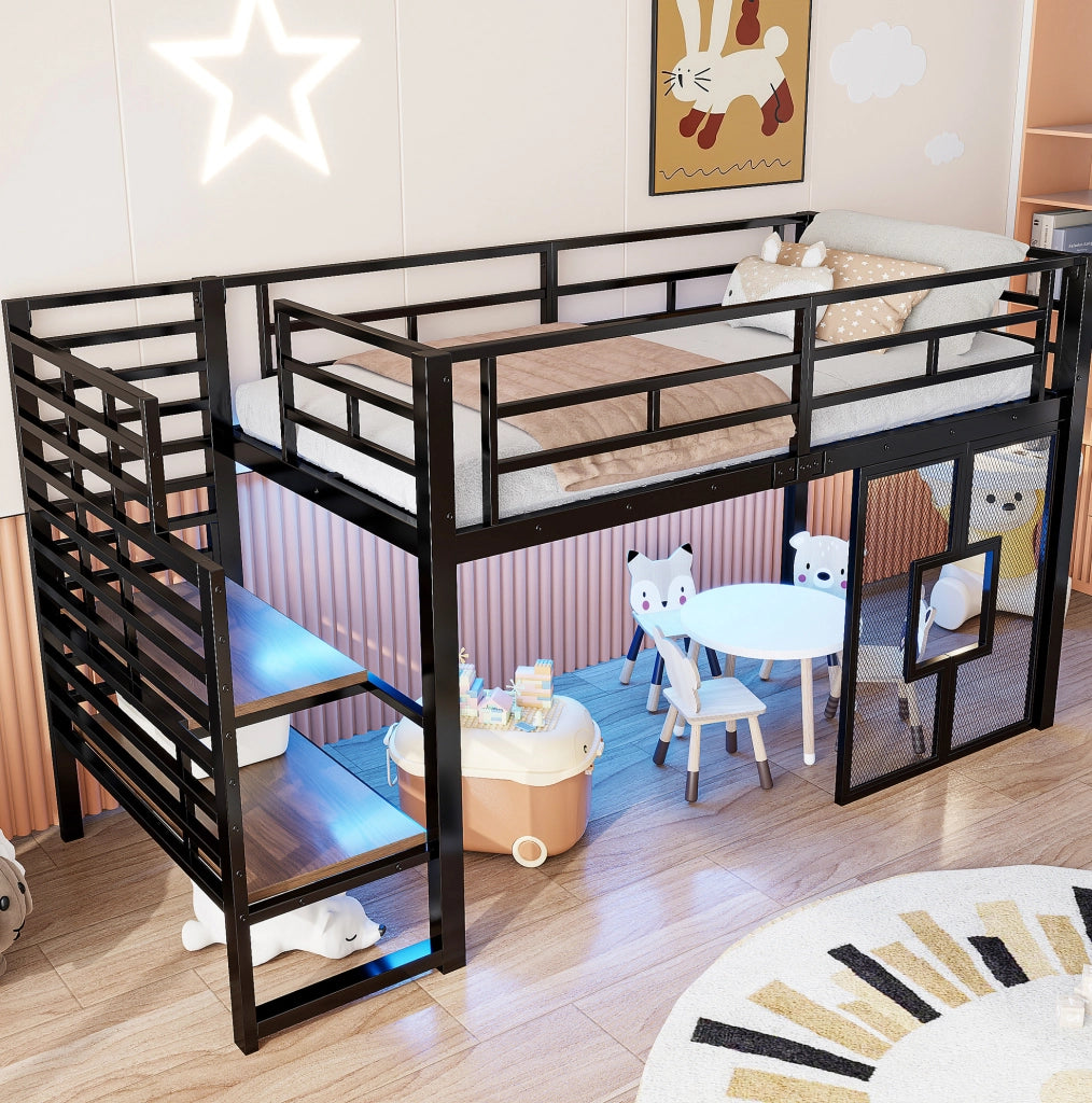 Letto a soppalco 90x200 cm in metallo con scala contenitore e LED