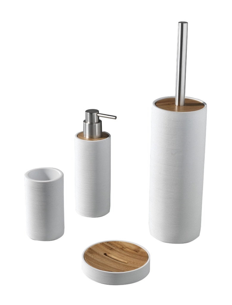 Set 4 Accessori da Bagno in Resina TFT Accessories Bianco Rigato e Bambù
