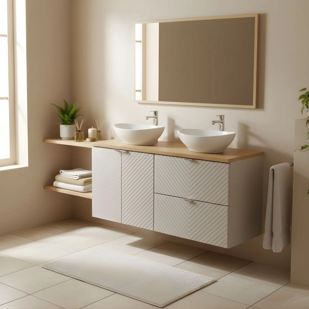 Insieme AOKI: mobile sottolavabo 120cm + piano lavabo in rovere + due lavabi bianchi rotondi da appoggio