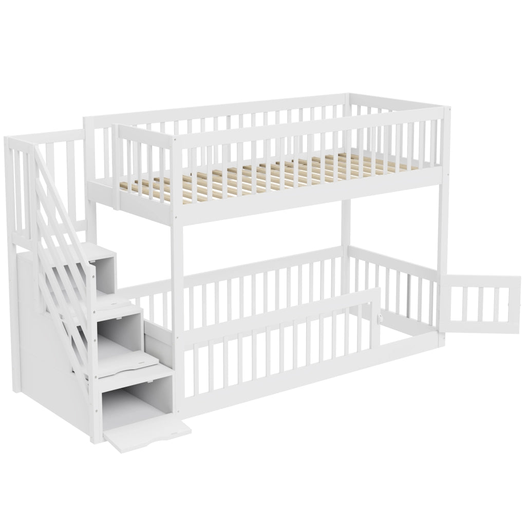 Letto a castello per bambini 90x200 in legno bianco con scala e cassetti