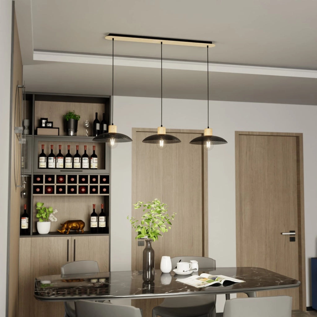 Lampada a sospensione Kobe in acciaio nero e legno
