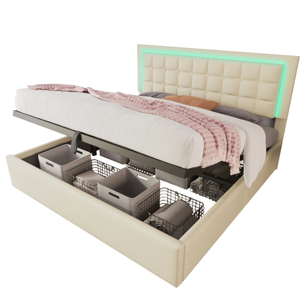 Letto matrimoniale 160x200 cm con LED; contenitore; testiera imbottita in PU bianco; con materasso