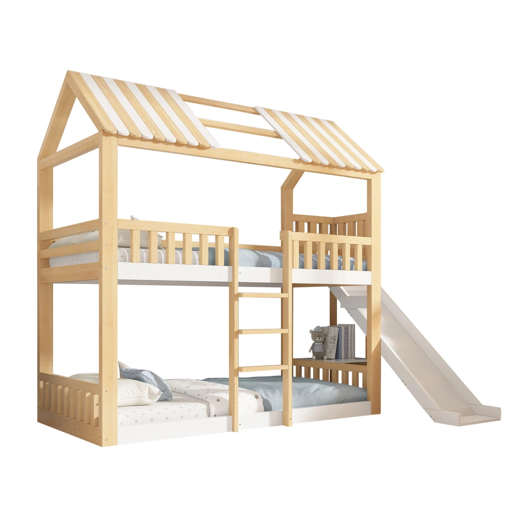 Letto bambini 90x200cm con tetto a timpano, scivolo, mensola laterale, bianco e legno naturale