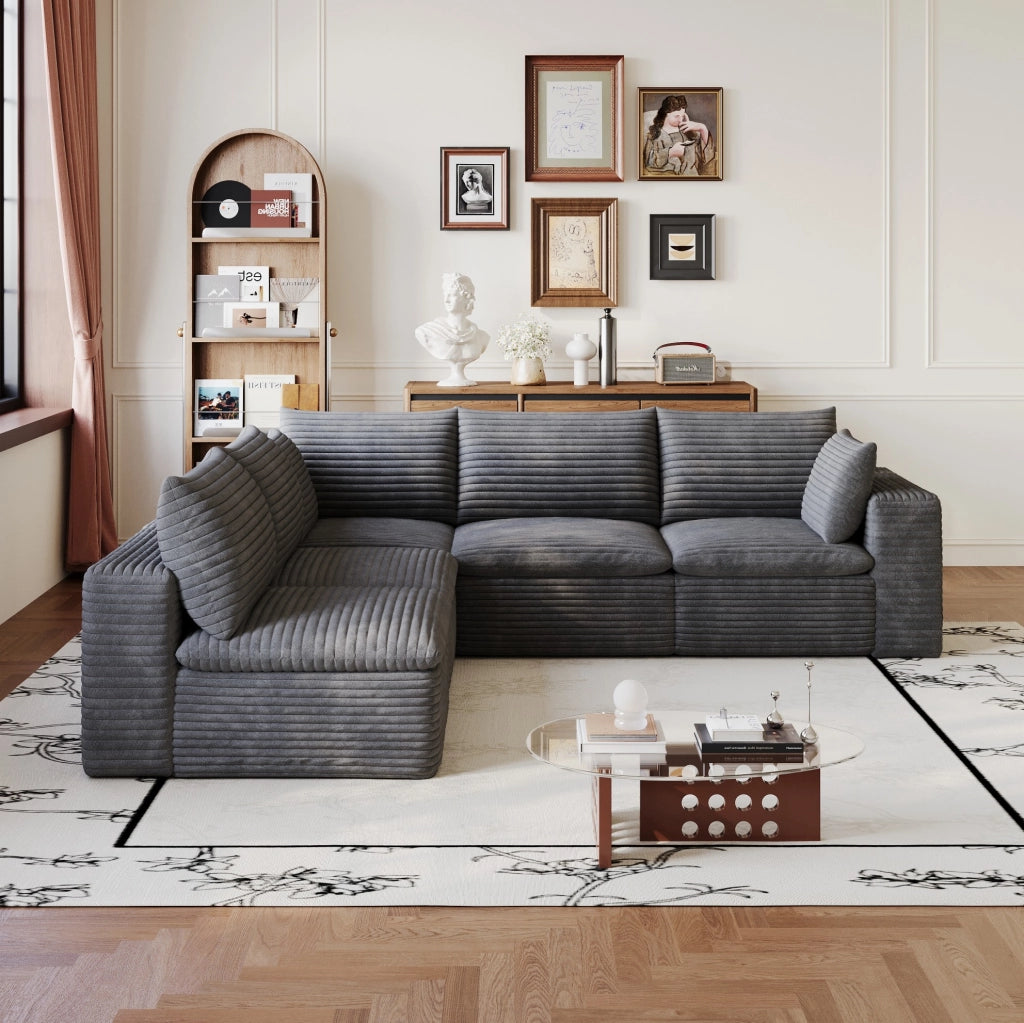Divano modulare in tessuto grigio scuro con imbottitura in schiuma e design componibile