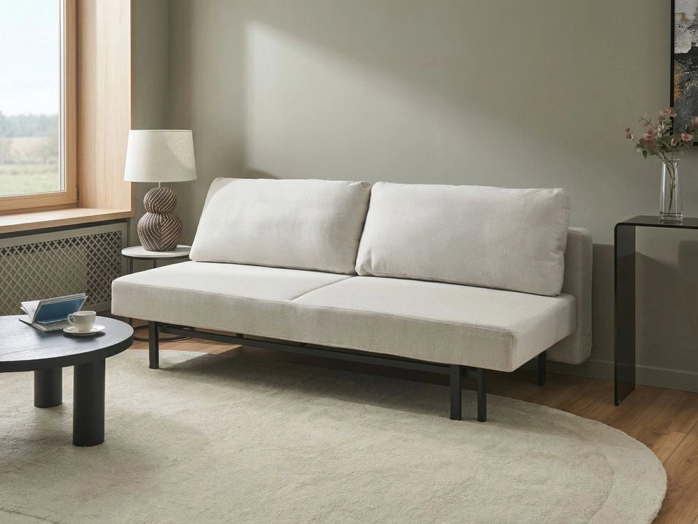 Divano letto bianco sporco Rivestimento in tessuto nero Gambe in ferro Funzione letto Cuscini dello schienale senza braccioli con fodere sfoderabili