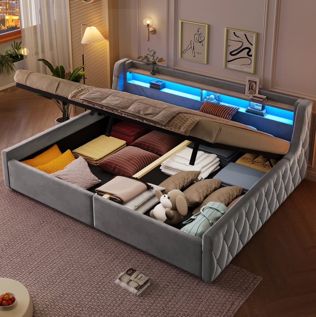 Letto imbottito 140x200 cm con contenitore e LED in flanella grigio