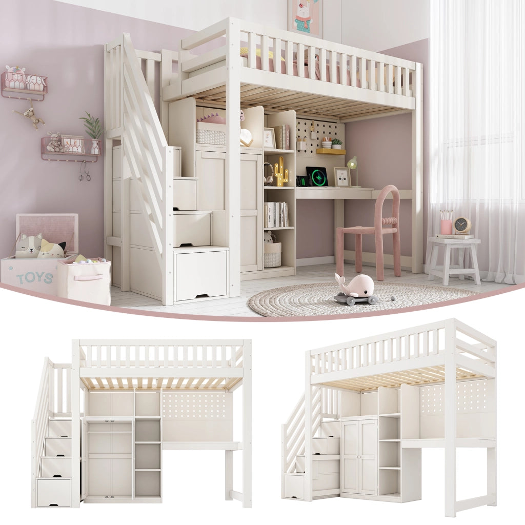 Letto a Soppalco 90 x 200 cm; Letto Singolo - Scrivania; Armadio e USB - Bianco