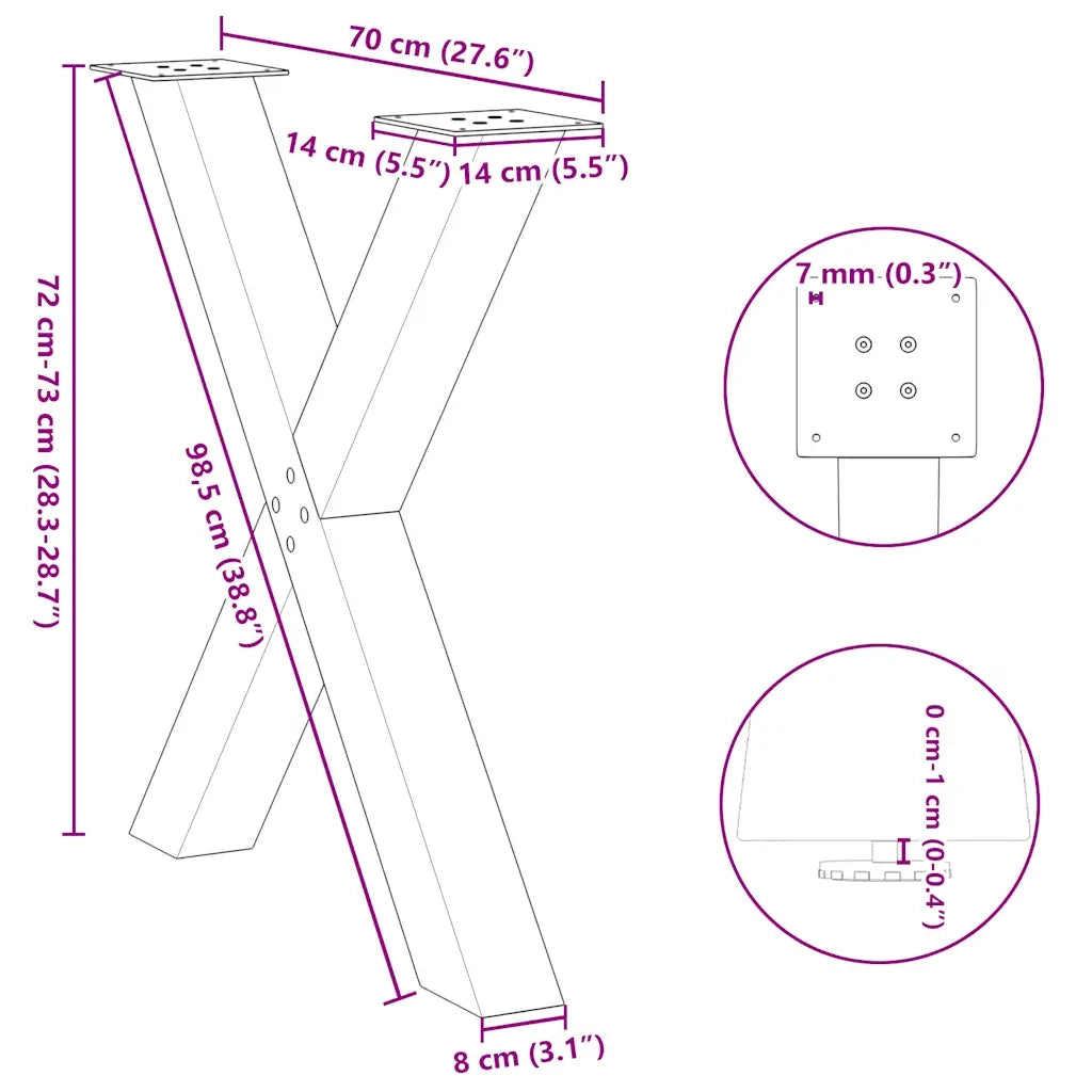 vidaXL Gambe per tavolo da pranzo a forma di X 3 pz in acciaio naturale 70x(72-73) cm