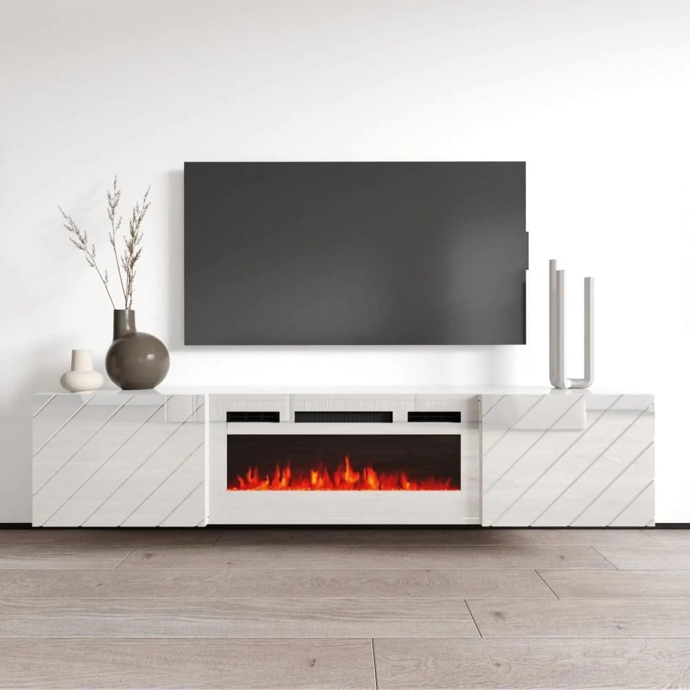 Mobile porta tv Roxy con camino elettrico bianco cm183x35x38h bianco lucido