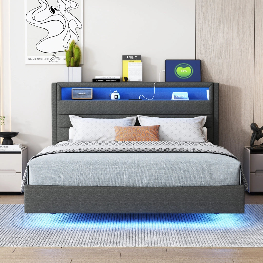 Letto matrimoniale imbottito 140x200 cm; USB e LED; testiera reversibile; tessuto grigio (Senza materasso)