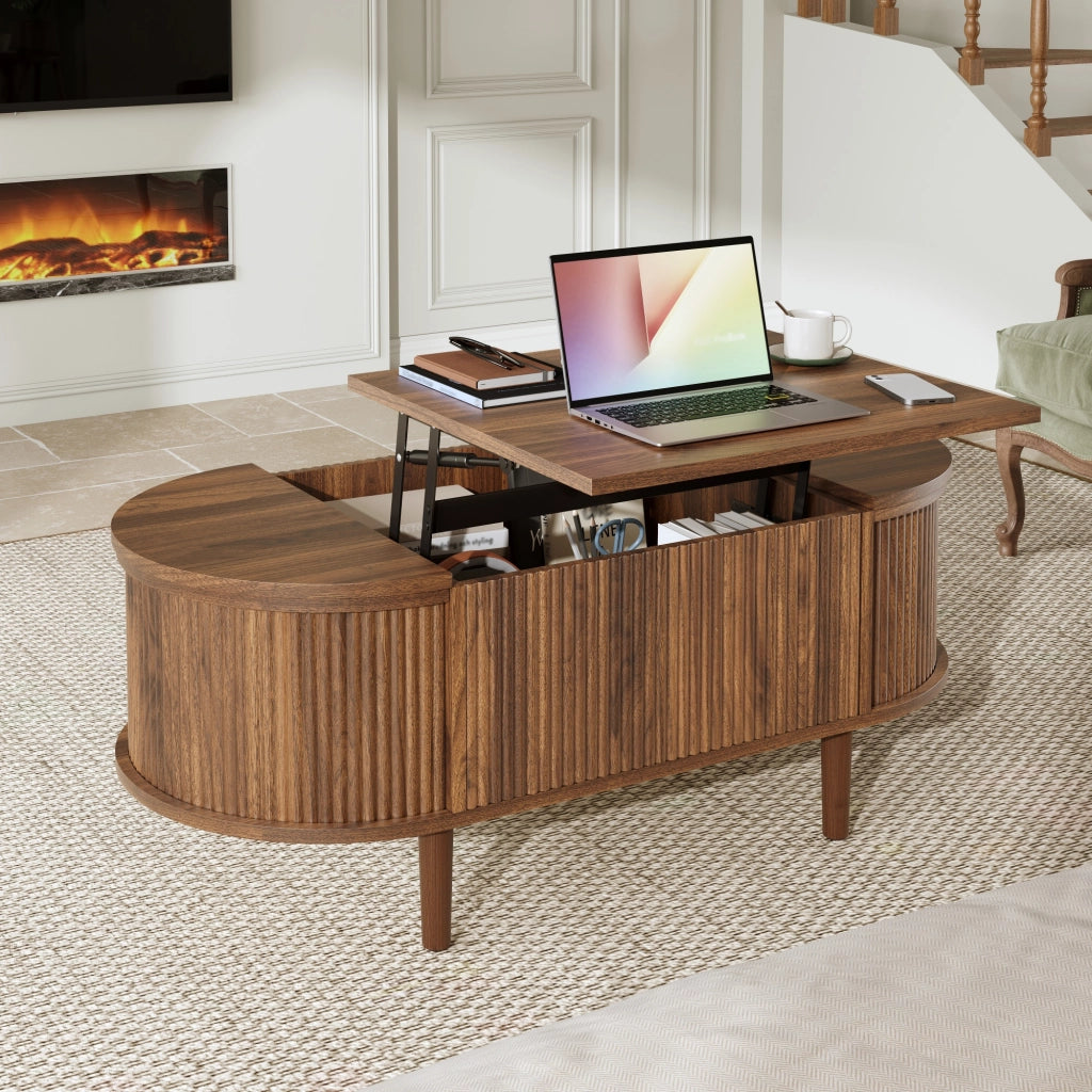 Tavolino basso sollevabile con vani apribili e piano rialzabile, per soggiorno, in MDF, noce, 100 × 48 × 53,5 cm
