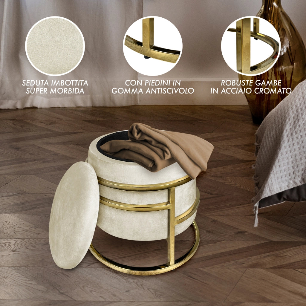 Pouf Contenitore Poggiapiedi Velluto Con Struttura Circolare Cromata Oro Elegante Imbottito Sgabello Per Toeletta Mobile Trucco Ottomano Ingresso Camera Da Letto Rotondo - Beige