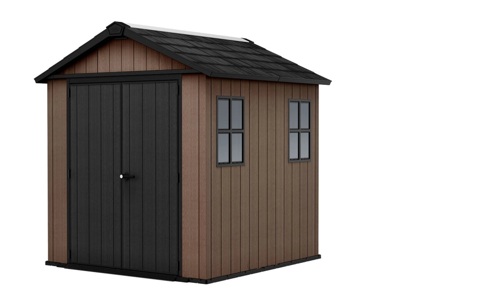 Casetta Box da Giardino 230x223,8x246 cm Newton Plus 757/775 Doppia Opzione Montaggio in Resina Evotech+ Marrone