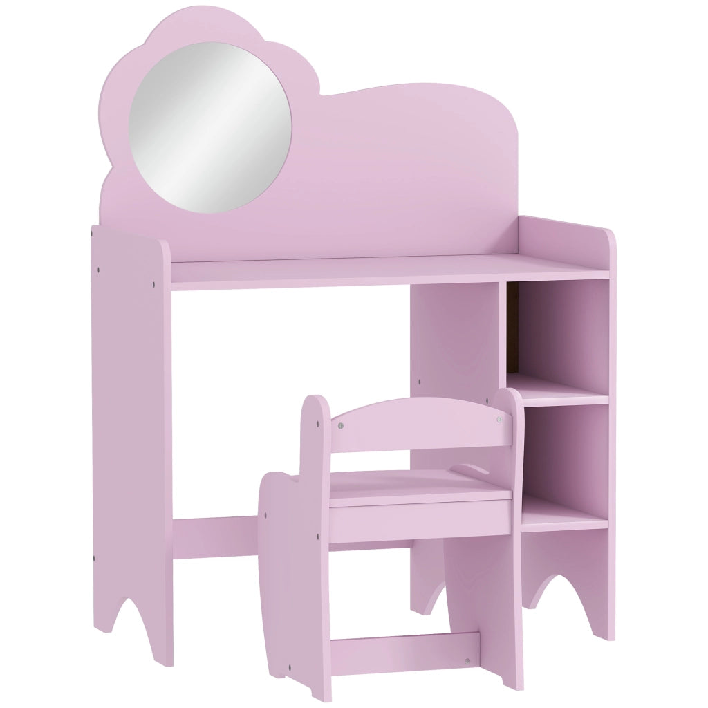 Tavolino da trucco con specchio a forma di fiore e sgabello ¨C Xylo ¨C Rosa con scaffale