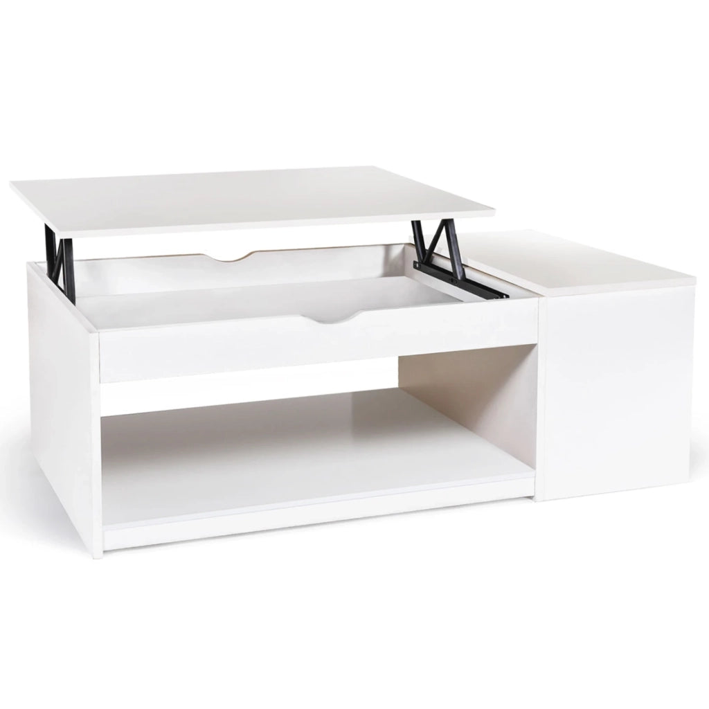 IDMarket - Tavolino ELEA rettangolare alzabile con cassa in legno bianco