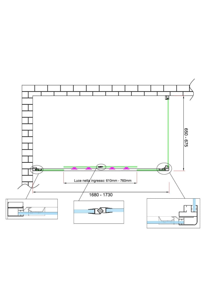 Box doccia 6 mm H 190 parete fissa e porta a 4 ante con apertura centrale MISURA 65-67,5 ANTA FISSA + PORTA 168-173