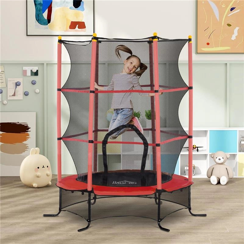 TRAMPOLINO ELASTICO PER BAMBINI Ï1.6X1.9 M CON RETE DI SICUREZZA E PALI IMBOTTITI, ETÓ 3-10 ANNI, ROSSO