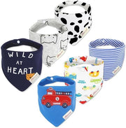 Set di 6 bandane per bambini, morbide e assorbenti, tessuto di cotone, forma triangolare, design tigre e auto