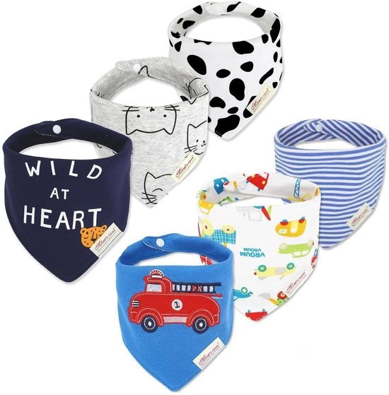 Set di 6 bandane per bambini, morbide e assorbenti, tessuto di cotone, forma triangolare, design tigre e auto
