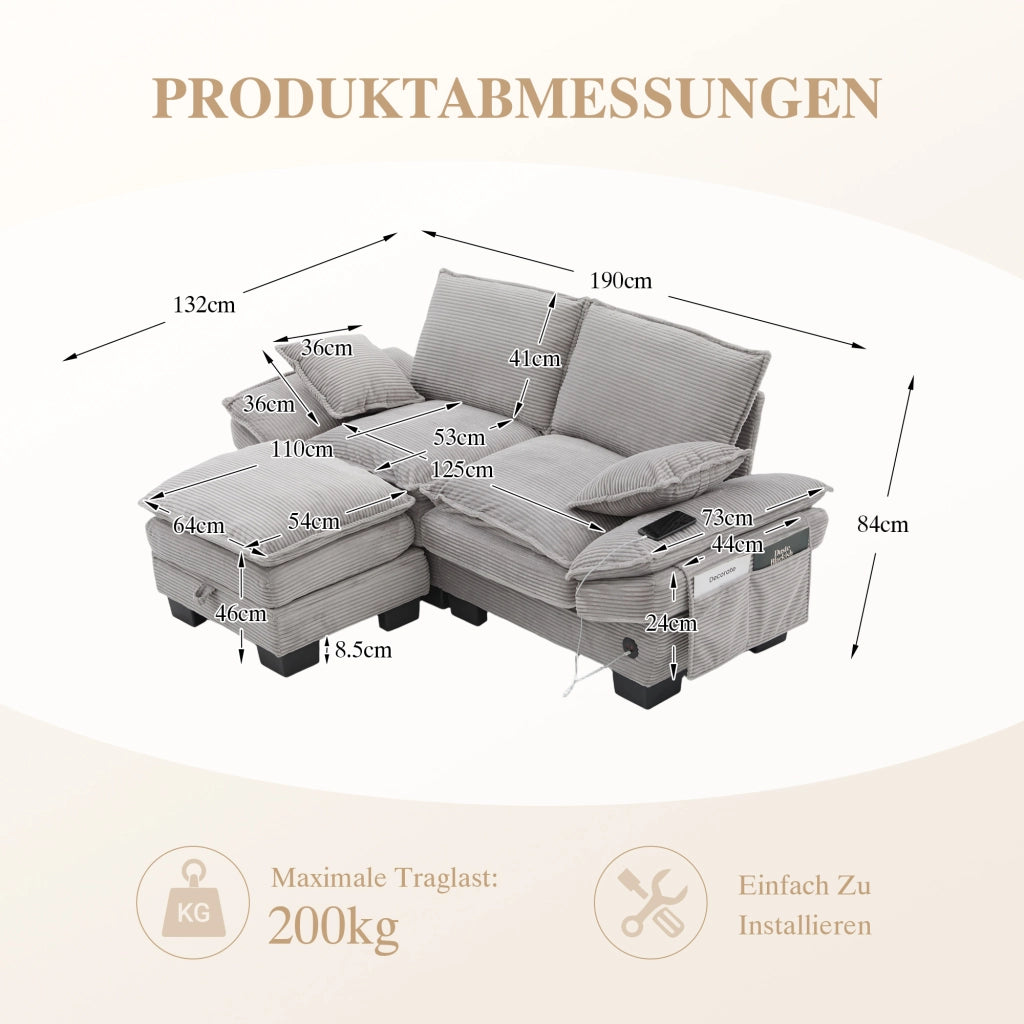 Divano 2 posti in tessuto corduroy con pouf, seduta ergonomica, USB-C e tasche laterali, grigio chiaro