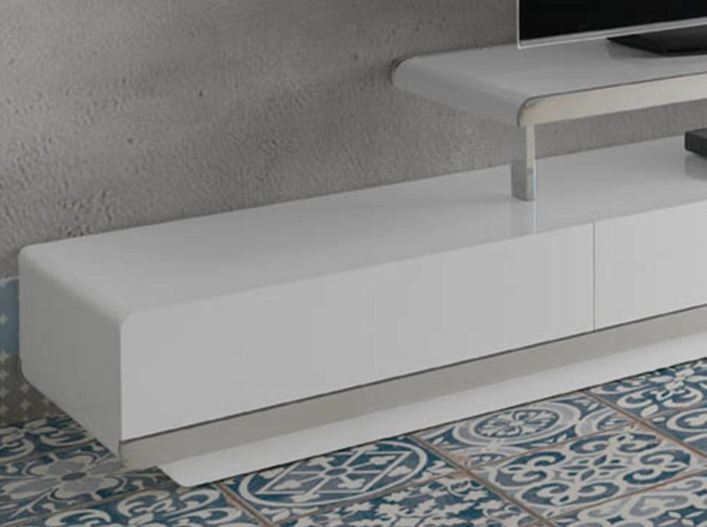 Mobile TV in legno bianco con base in acciaio cromato e base in acciaio cromato