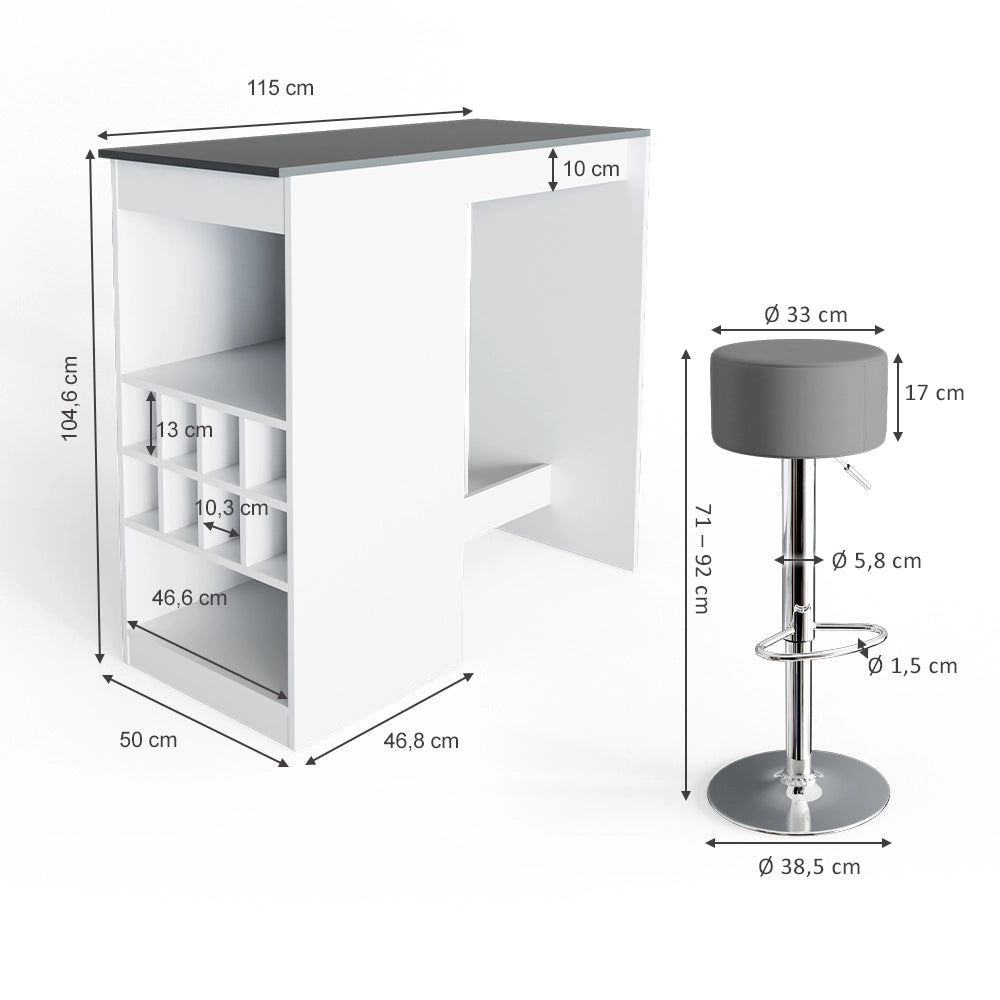 Vicco Tavolo bar con sgabelli Bianco/antracite 115 x 50 cm con 2 sgabelli da bar
