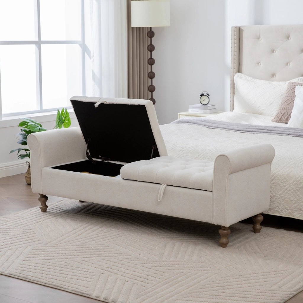 Panca contenitore ¨C Minimal ¨C Beige velluto con gambe in legno